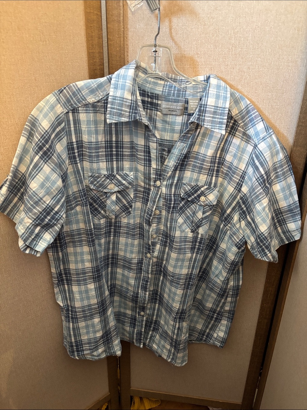 Ladies Short-Sleeve Company One Blue Plaid Button-Up Shirt 1X